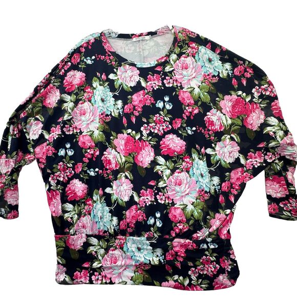 Dark Blue Boho Classic Floral Print Womens Plus XXL Blouse Top Soft Stretch - Picture 1 of 10